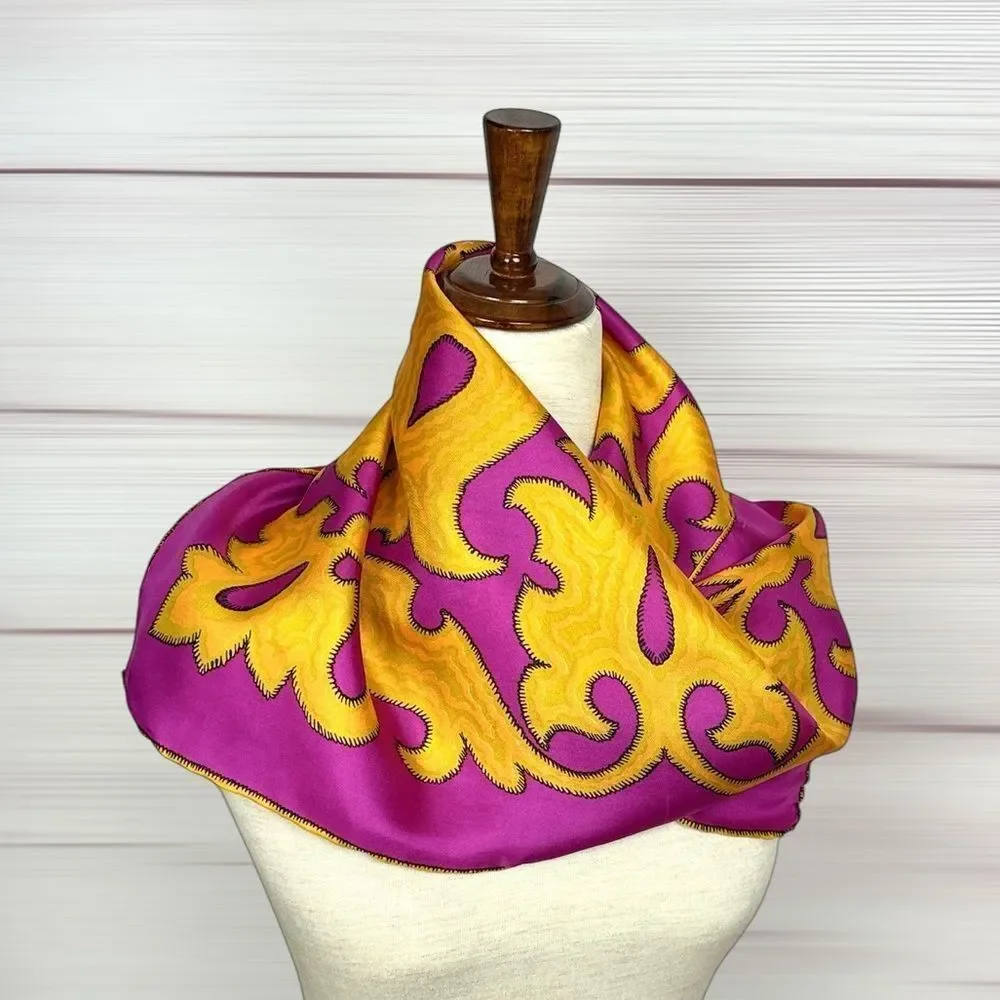 Burmel Twill Silk Scarf Fuchsia Yellow Moroccan-style Pattern Hand Rolled Japan